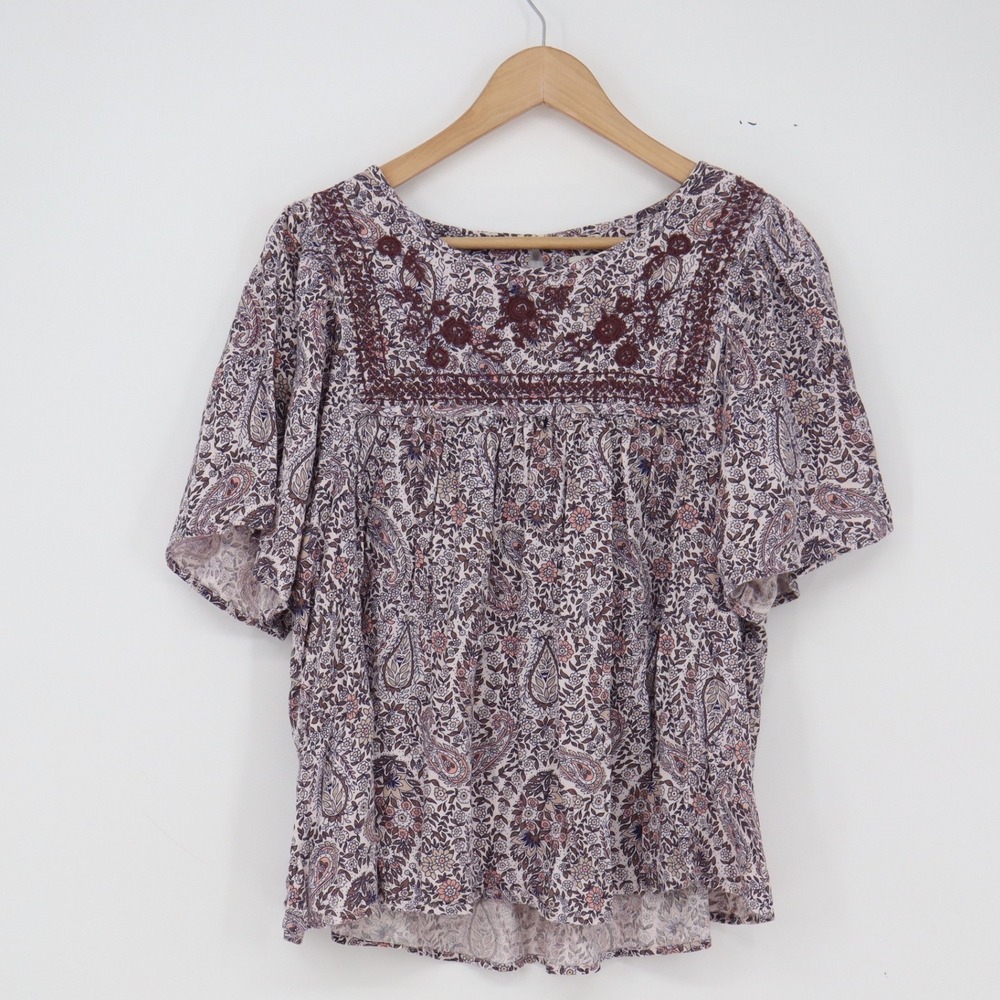 Lucky Brand Blouse Womens M Boho Paisley Purple Embroidered Flutter Excellent